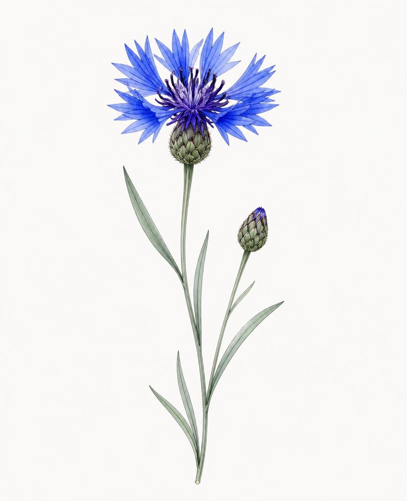 Akvarell búzavirág (Centaurea cyanus) botanikai tanulmány